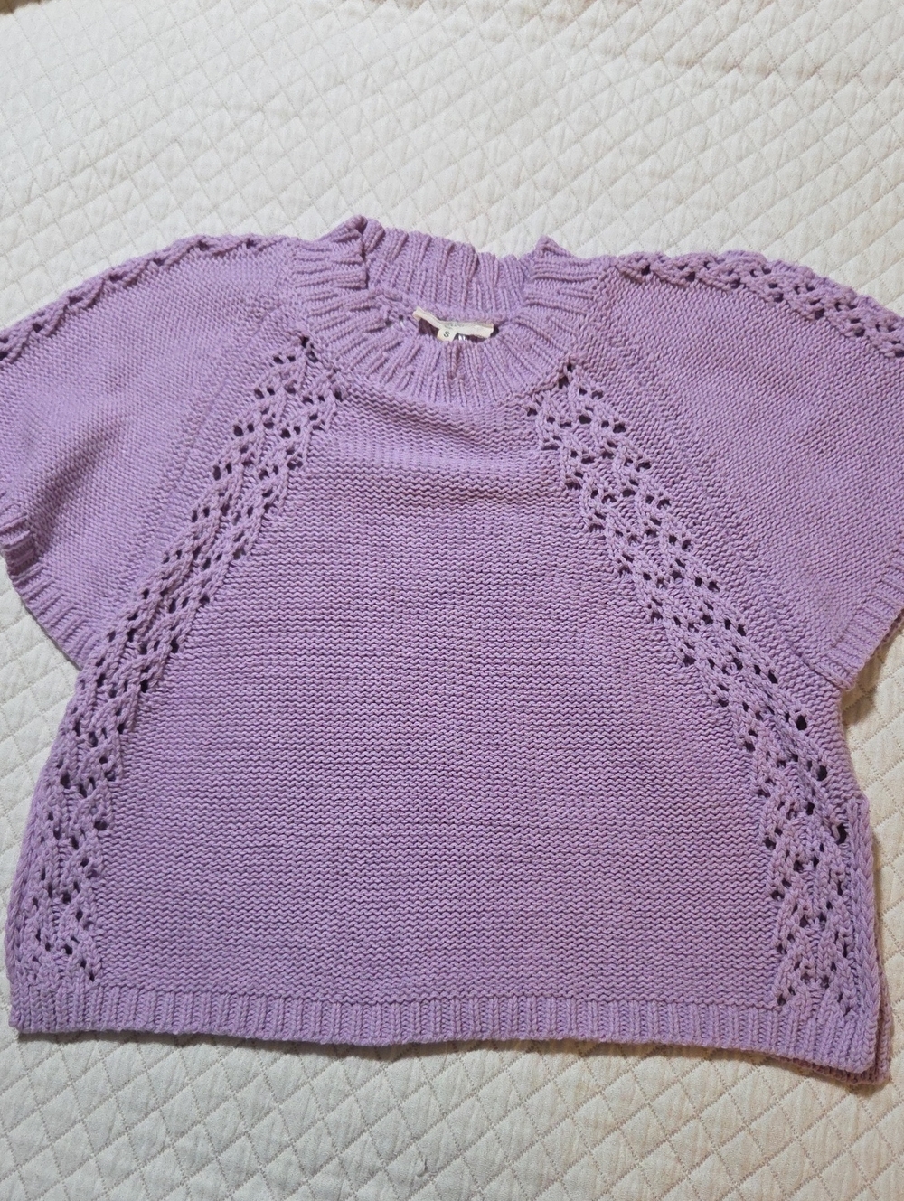 entro Lilac Short-Sleeve Lace-Panel Crewneck Sweater